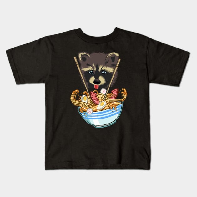 Raccoon loves noodles Kids T-Shirt by pilipsjanuariusDesign